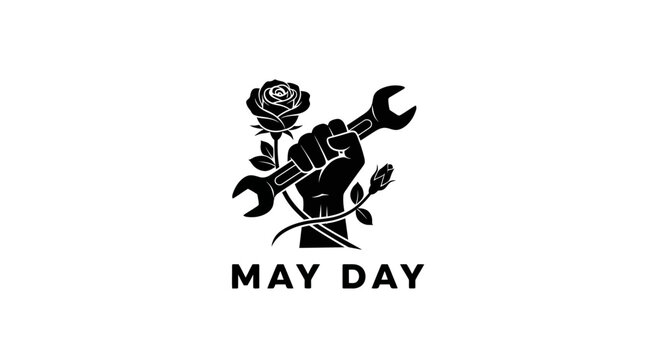 MAY DAY May Day, labor movement, protest symbols, rose and wrench, vector icon vector