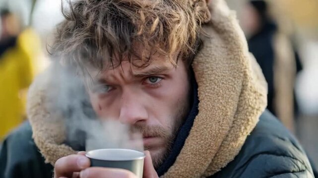 A man holds a warm drink close to his face while staring into the distance. The air is cool and the steam rises from the cup. People are seen in the background enjoying the day