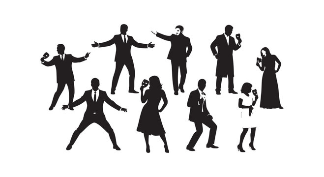 Set of black human silhouettes holding theater masks representing drama acting emotion concept for artistic design project.