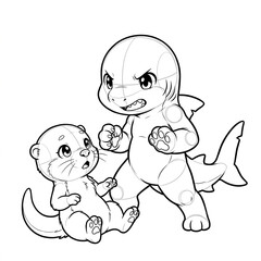 Naklejka premium Chibi shark standing protectively over fallen otter.