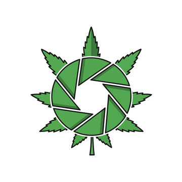 Creative Cannabis Leaf Camera Lens Aperture Logo Icon.