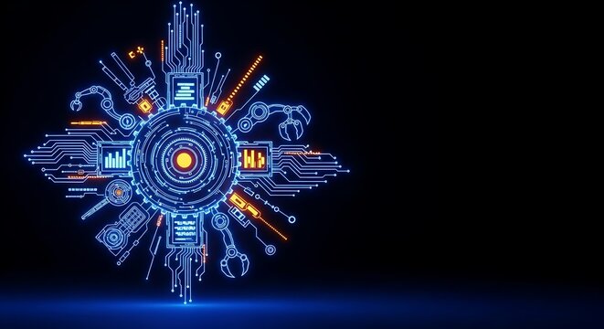 Futuristic AI technology circuit brain with glowing neural network core on dark background