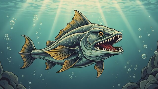 Vicious underwater creature, a stylized fish with formidable jaws, stalks the deep ocean under shafts of light, evoking a sense of ancient marine life