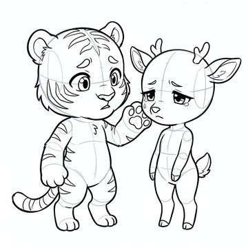 Cute chibi tiger wiping tear from deer cheek.