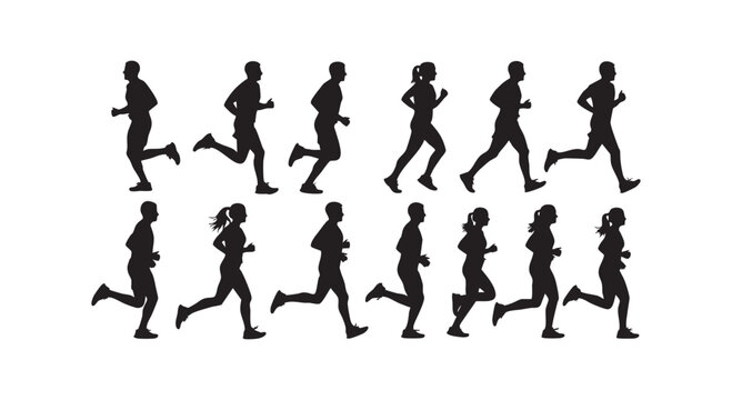 Set of black silhouettes showing men and women running in different motions isolated on a clean white background scene.