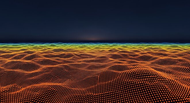 Abstract digital landscape made of glowing orange and yellow dot matrix.