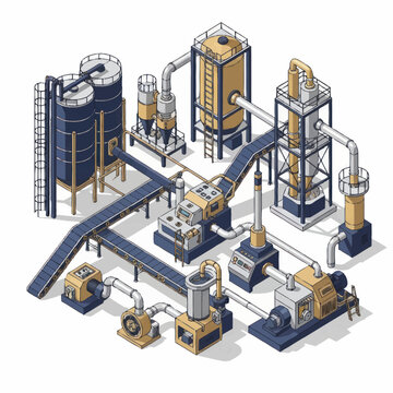 Industrial factory complex with multiple processing units and conveyor belts.