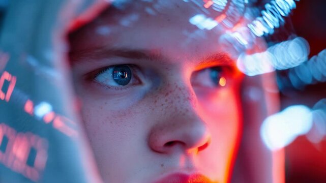 A young astronaut explores a high-tech space environment. Close-up shots capture their eyes as they focus on displays and instruments. Lights and reflections create an engaging atmosphere