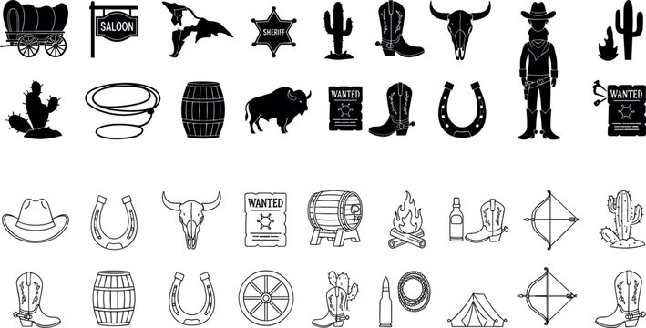 Western cowboy and wild west icon collection with saloon, sheriff, horseshoe, cactus, and cowboy gear vector set