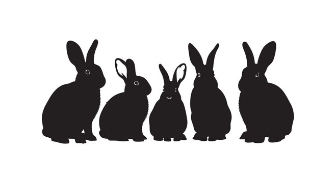 Set of five cute rabbit silhouettes sitting in various positions isolated on white background for creative designs.