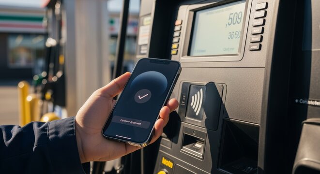 Hand holding smartphone for contactless payment at gas station