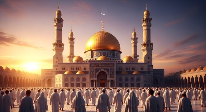 Golden domed mosque at sunset with worshippers in prayer