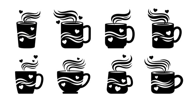 Black silhouette coffee mugs with steam and heart decorations in various shapes and sizes set against white background for love themed cafe branding elements