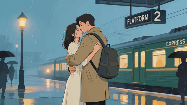 Couple embracing at train station in rain