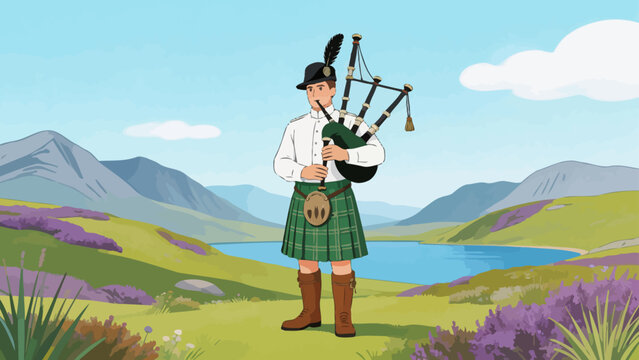 Man playing bagpipes in scenic landscape