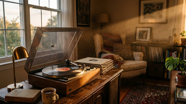 Record player sits beside warm coffee cup near wooden desk under bright.