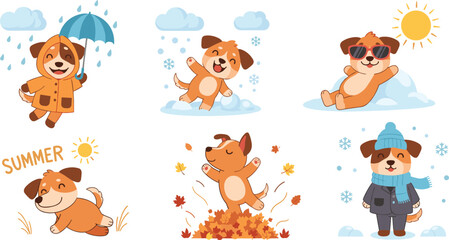 Obraz premium Cute Dog Seasonal Activities Collection with Rain Summer Autumn Winter and Snow Cartoon Puppy Vector Set