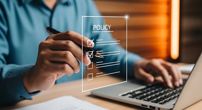Man in blue shirt checking policy checkboxes on transparent screen with pen hands laptop