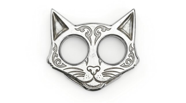 Elegant silver cat mask with intricate floral filigree design on white background