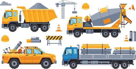 Naklejka premium Construction Truck Collection with Dump Mixer Pickup and Flatbed Vehicles for Building Industry Transport Vector Set