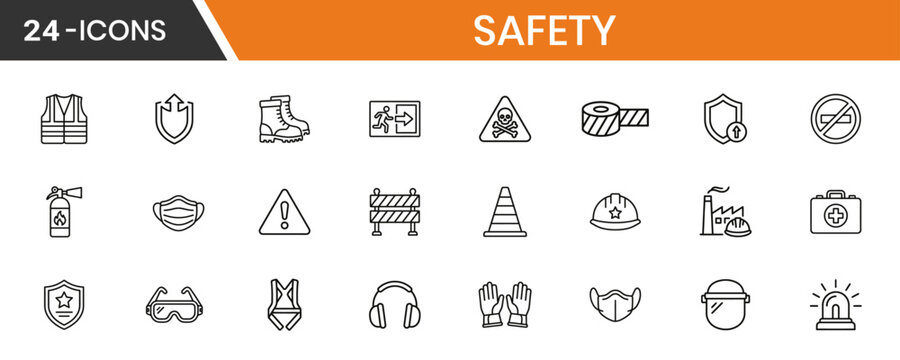 Job Safety Line Icon Set Consistent Stroke Goggles Face Mask Vest Work Boots Sign
