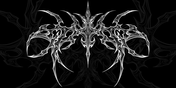 Intricate white cyber sigilism graphic on black. Symmetrical spiky vector for Y2K streetwear, gothic tattoos, and hardcore metal aesthetic. Trendy neo-tribal ornament for alternative design.