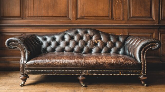 Vintage leather sofa with button tufting and ornate wooden paneling background.