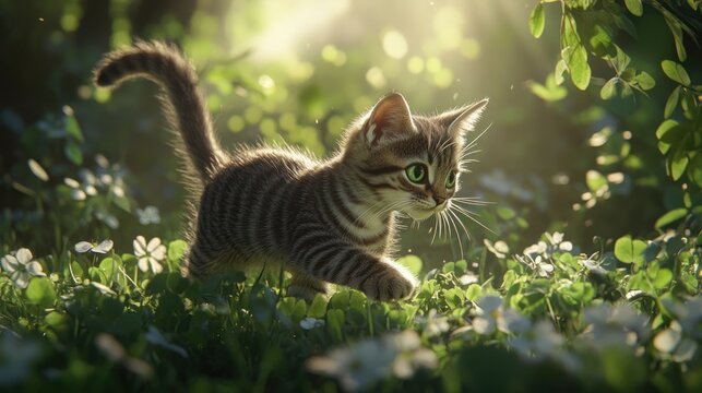 Adorable kitten explores a sunlit meadow, surrounded by lush greenery and wildflowers