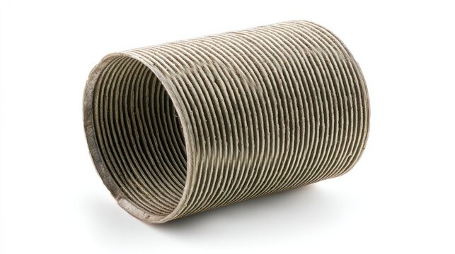 Metallic cylindrical object with parallel lines on white background