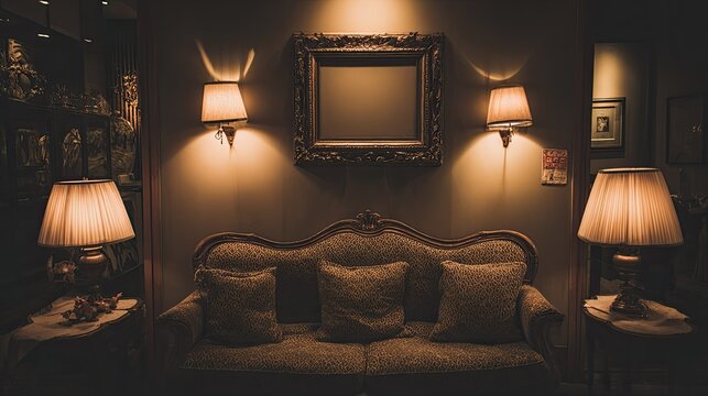 Ornate couch with lamps and framed art creates warm interior ambiance.