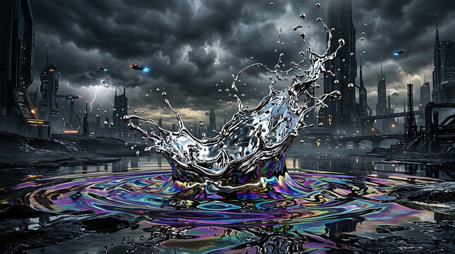 Liquid metal splash erupts from dark oily puddle near futuristic city.