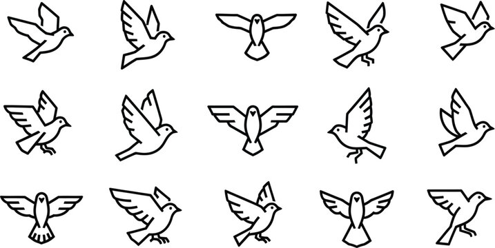 Flying Dove Icons, Bird Silhouettes, White Background, 12 Black Line Art Birds, Vector Graphics