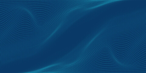Naklejka premium Dark blue halftone dotted abstract background, big data pattern, technology or futuristic visualization, waveform dot texture, music backdrop. ,Beautiful movement with glowing blurred particles.
