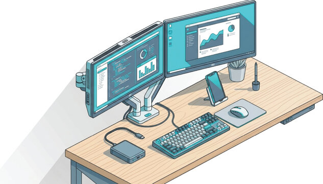Modern flat design panoramic triple monitor workstation for coding and photography on white.