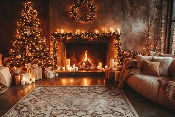 Naklejka premium Warmly lit living room roaring fireplace with candles/garland, decorated tree & gifts, plush sofa with blankets. Rustic brick walls, rug. Festive, inviting.