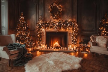 Naklejka premium Luxury holiday living room roaring fireplace, lit trees, plush seating, candlelight. Rich wood floors, dark walls, white fur rug. Opulent, festive ambiance.