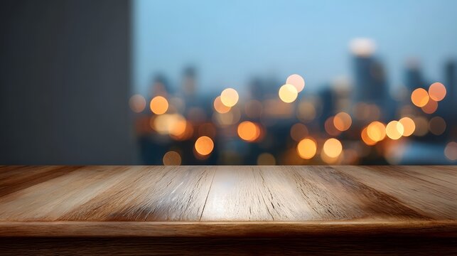 A clean wooden tabletop provides a sophisticated foreground backdrop against a blurred warm cityscape view at nightfall