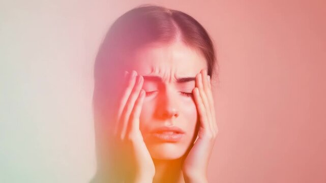 Professional woman experiencing workplace stress, touching forehead with visible tension, gradually relaxing and finding emotional release through mindful breathing techniques