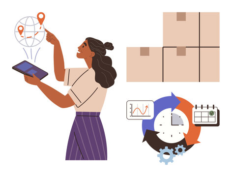 Supply chain, logistics, data analytics, workflow management, delivery services, global shipping. Woman using tablet, map with location pins boxes charts and gears. Supply chain and logistics