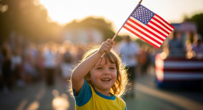 Young girl waving American flag with a smile during parade  