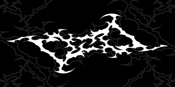 Abstract white cyber sigilism graphic on black. Sharp spiky tribal element for Y2K streetwear, gothic tattoos, and hardcore aesthetic. Modern vector ornament for dark alternative design.