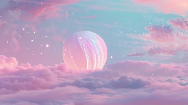 Pink and blue clouds reflecting over calm water with large moon in the background
