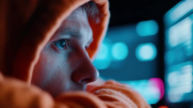 A young man wearing a hoodie sits closely to his computer. He looks intently at the screen. Bright lights and colors flash as he works late into the night in a dark room