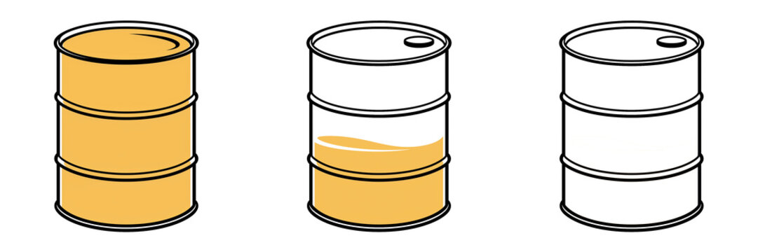 Oil barrel drum set flat illustration with full, half-filled and outline variations, industrial metal container icons in yellow and black lineart style