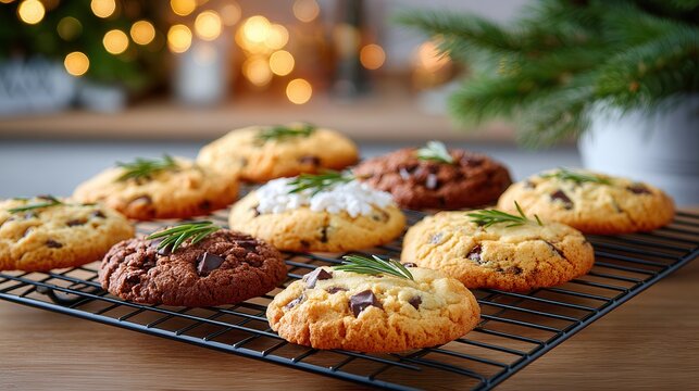 Fresh chocolate chip cookies with rosemary, cooling on black rack. brown, with dark chunks & green sprigs. Warm festive bg blurred Christmas lights & pine. Professional food, shallow dep
