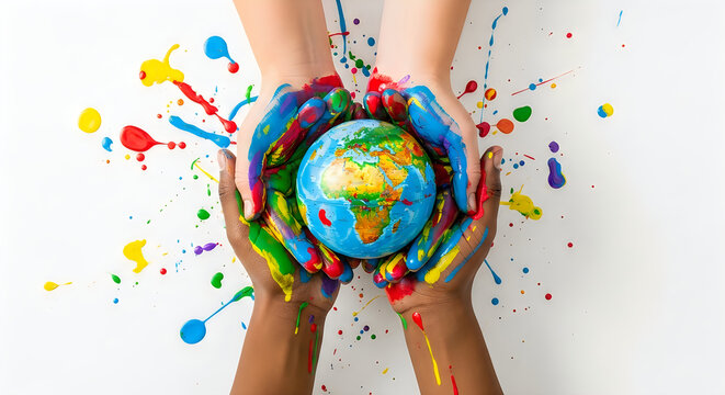 Hands gently holding a vibrant colorful earth globe surrounded by splashes of paint and artistic expression