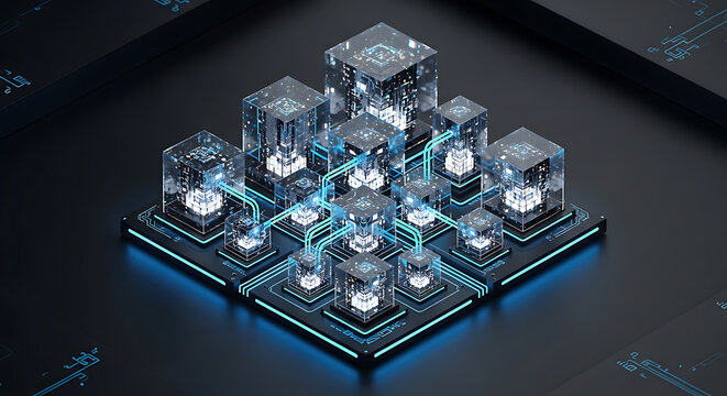 high tech isometric view of futuristic circuit board with glowing blue connections
