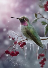 Obraz premium Iridescent green hummingbird with pink throat perched on frosty branch with red berries, icicles, and soft purple winter backdrop. Stylized lighting, sparkling particles.