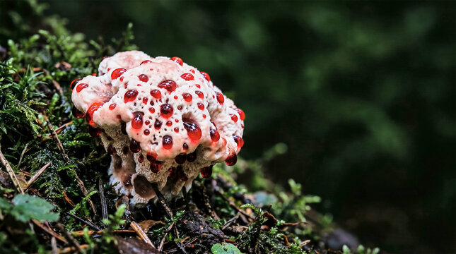 Bleeding tooth fungus Hydnellum peckii macro in forest