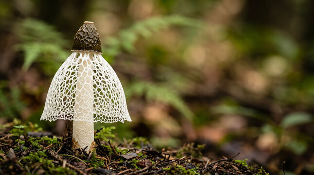 Veiled lady mushroom Phallus indusiatus macro in forest